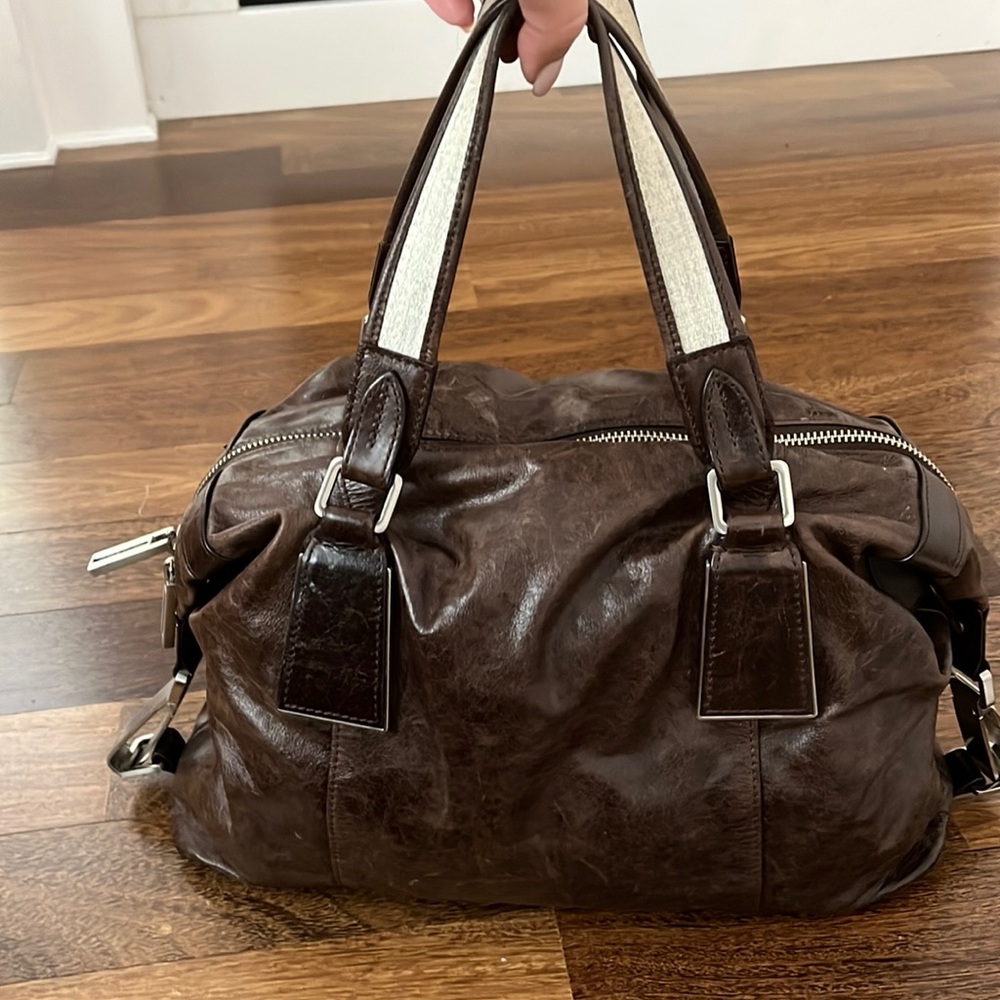 Calvin Klein leather satchel handbag chocolate brown with silver hardware